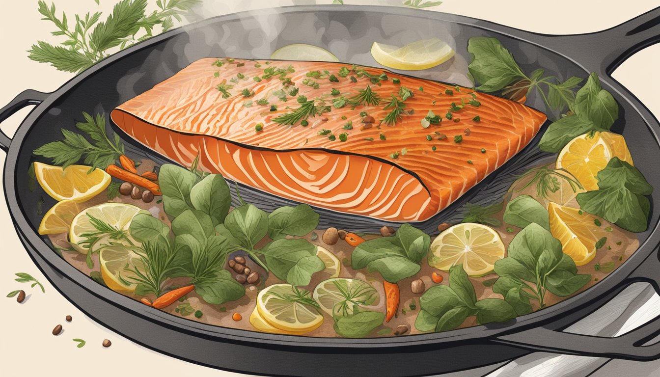 A steaming salmon coulibiac being carefully reheated in a covered skillet, surrounded by vibrant herbs and spices