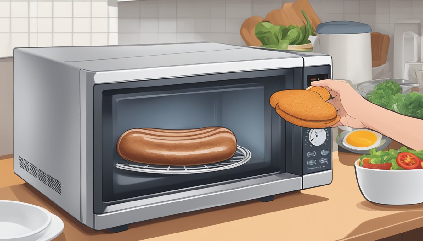 A person placing a piece of sai ua sausage in a microwave-safe dish with a cover, setting the timer, and pressing the start button