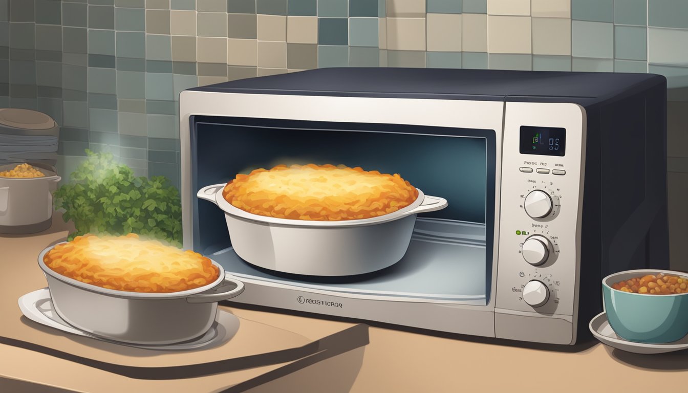 A plate of shepherd's pie being reheated in a microwave