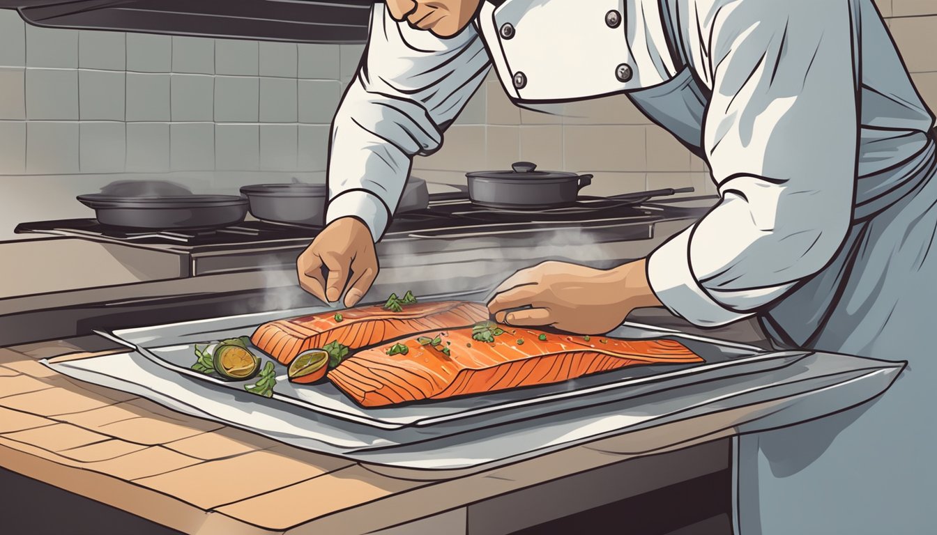 A chef reheating salmon coulibiac in a preheated oven, placing the leftover dish on a baking sheet lined with parchment paper