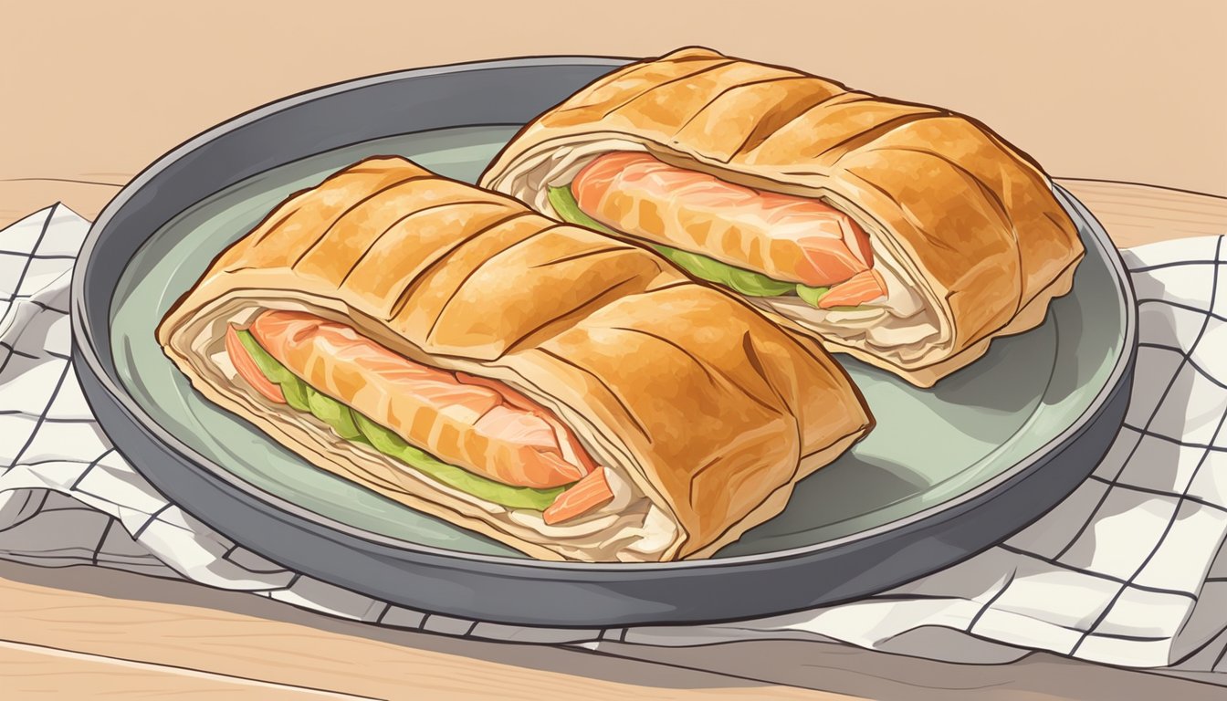 A plate of cooked salmon coulibiac wrapped in puff pastry, sitting on a baking sheet, ready to be reheated in the oven