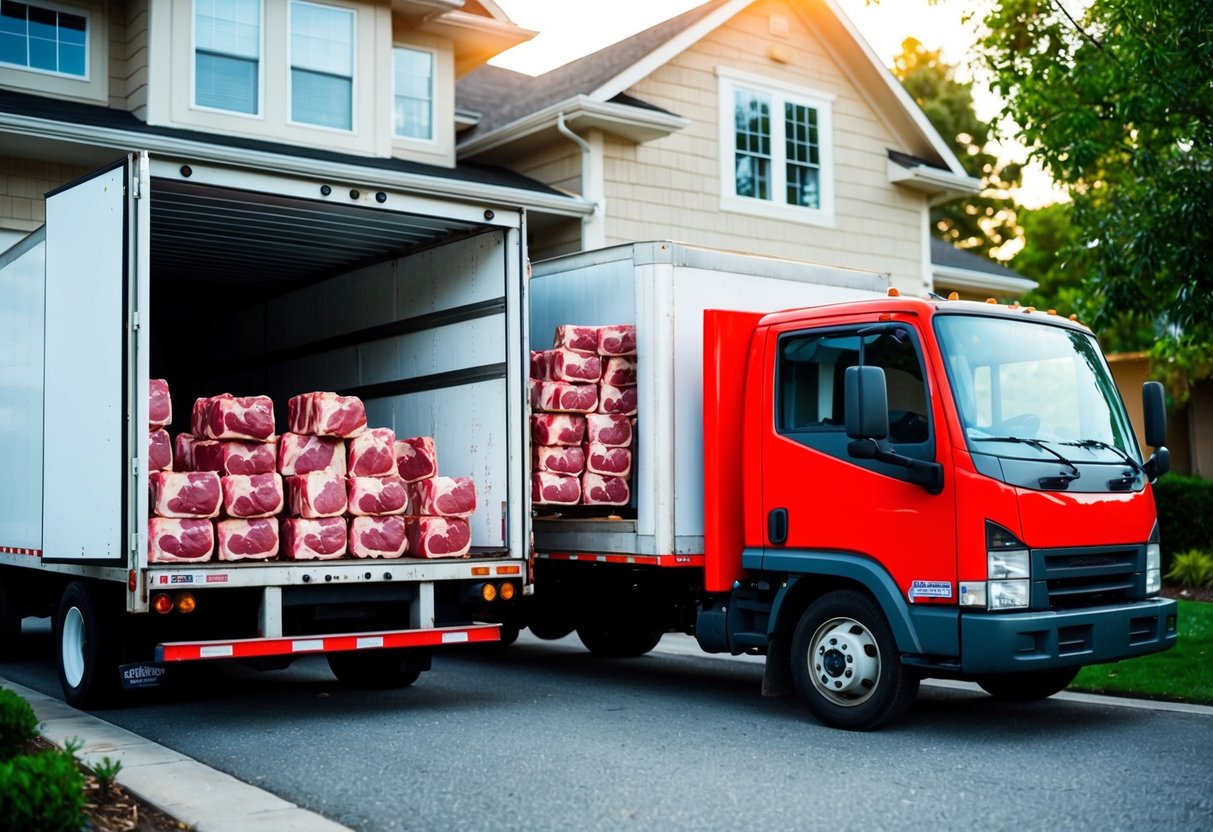 A delivery truck unloading boxes of beef outside a home