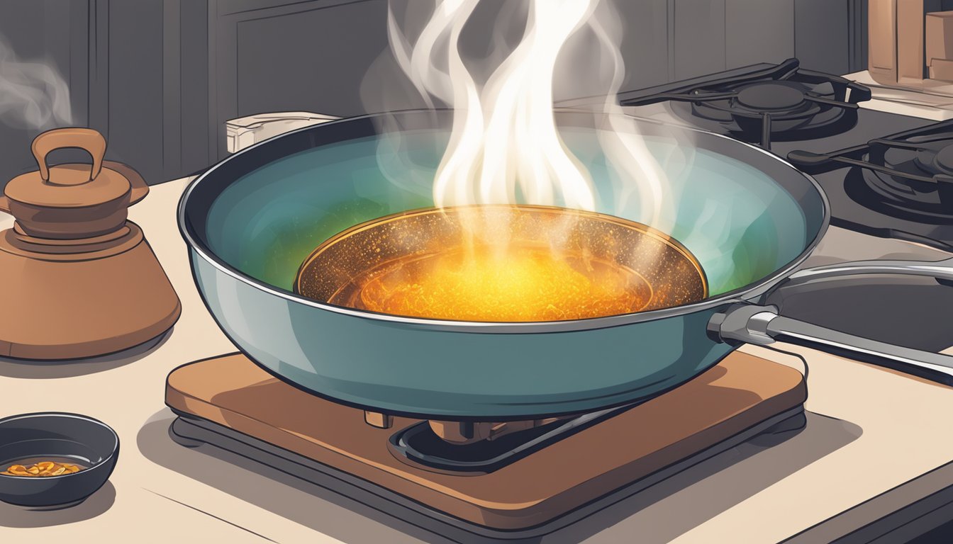 A bowl of sai ua being gently reheated in a skillet over a low flame, emitting aromatic steam