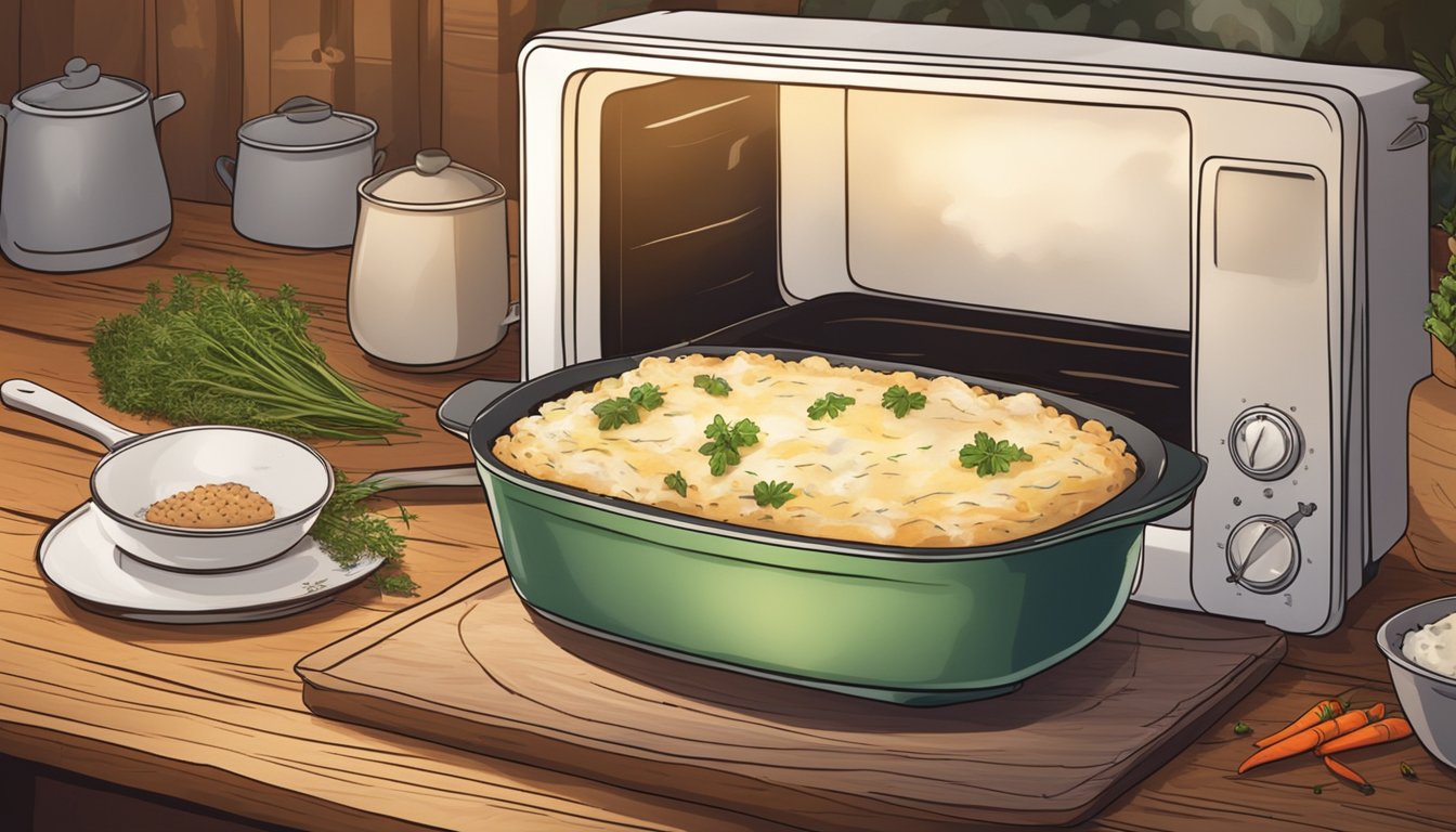 A steaming shepherd's pie sits on a rustic wooden table, surrounded by scattered herbs and spices. A microwave and oven are nearby, ready for reheating