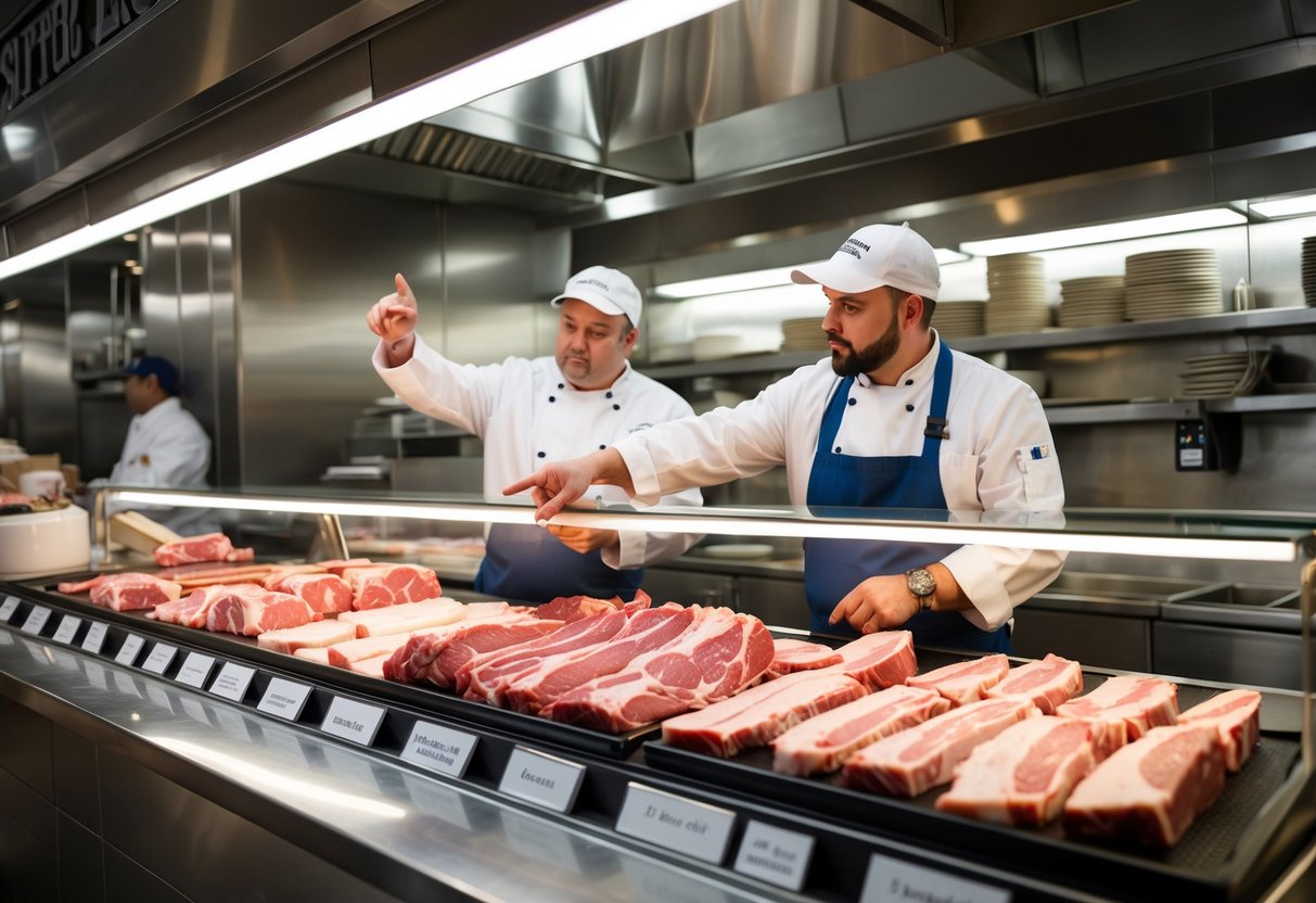 A butcher's counter displays various cuts of beef, neatly arranged and labeled, with a customer pointing and discussing options with the butcher