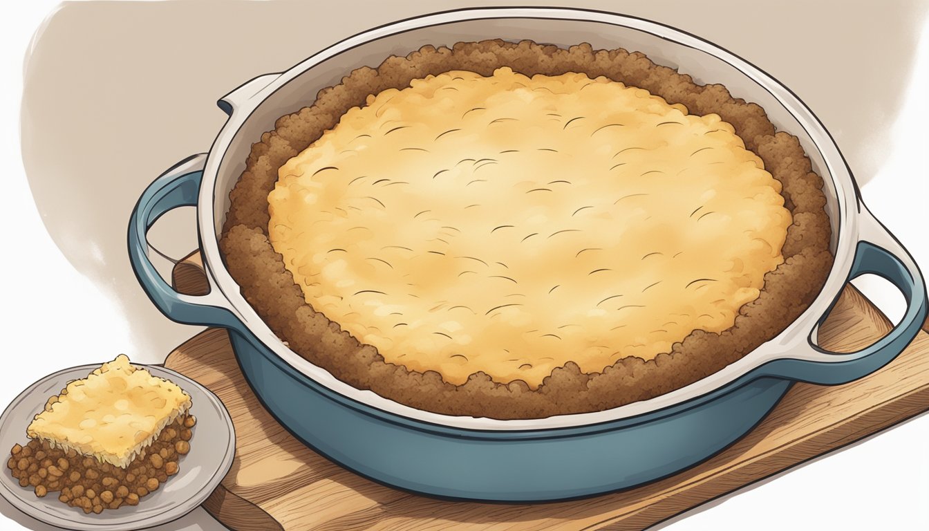 A steaming shepherd's pie being removed from the oven, with a golden-brown crust and bubbling filling, ready to be served