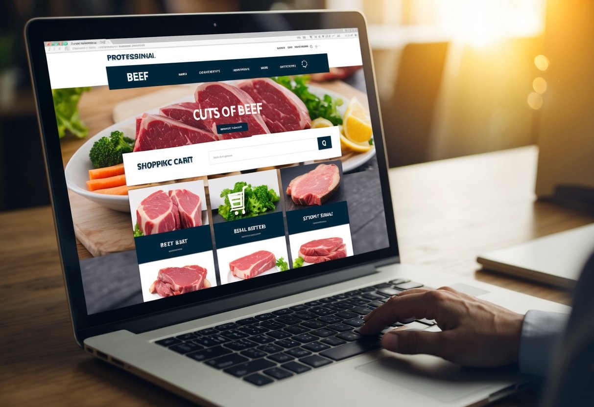 A computer screen showing a website with various cuts of beef, a shopping cart icon, and a checkout button