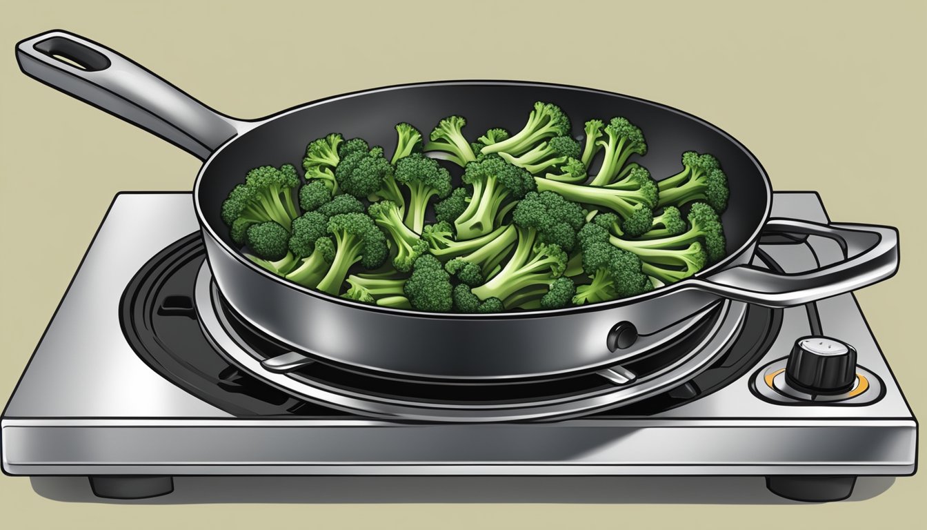 A skillet with reheated sausage and broccoli rabe steaming on a stovetop