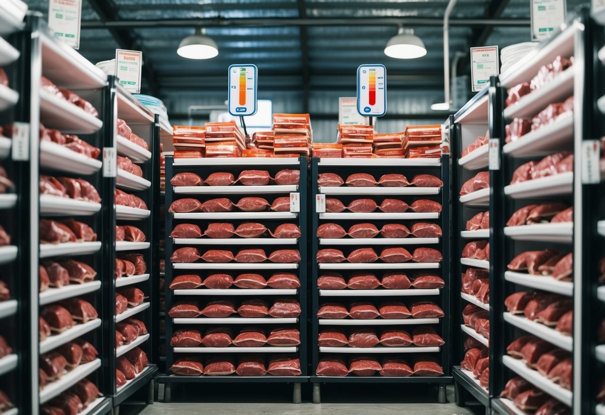 A large freezer warehouse filled with neatly stacked packages of bulk beef, with temperature gauges and storage labels visible