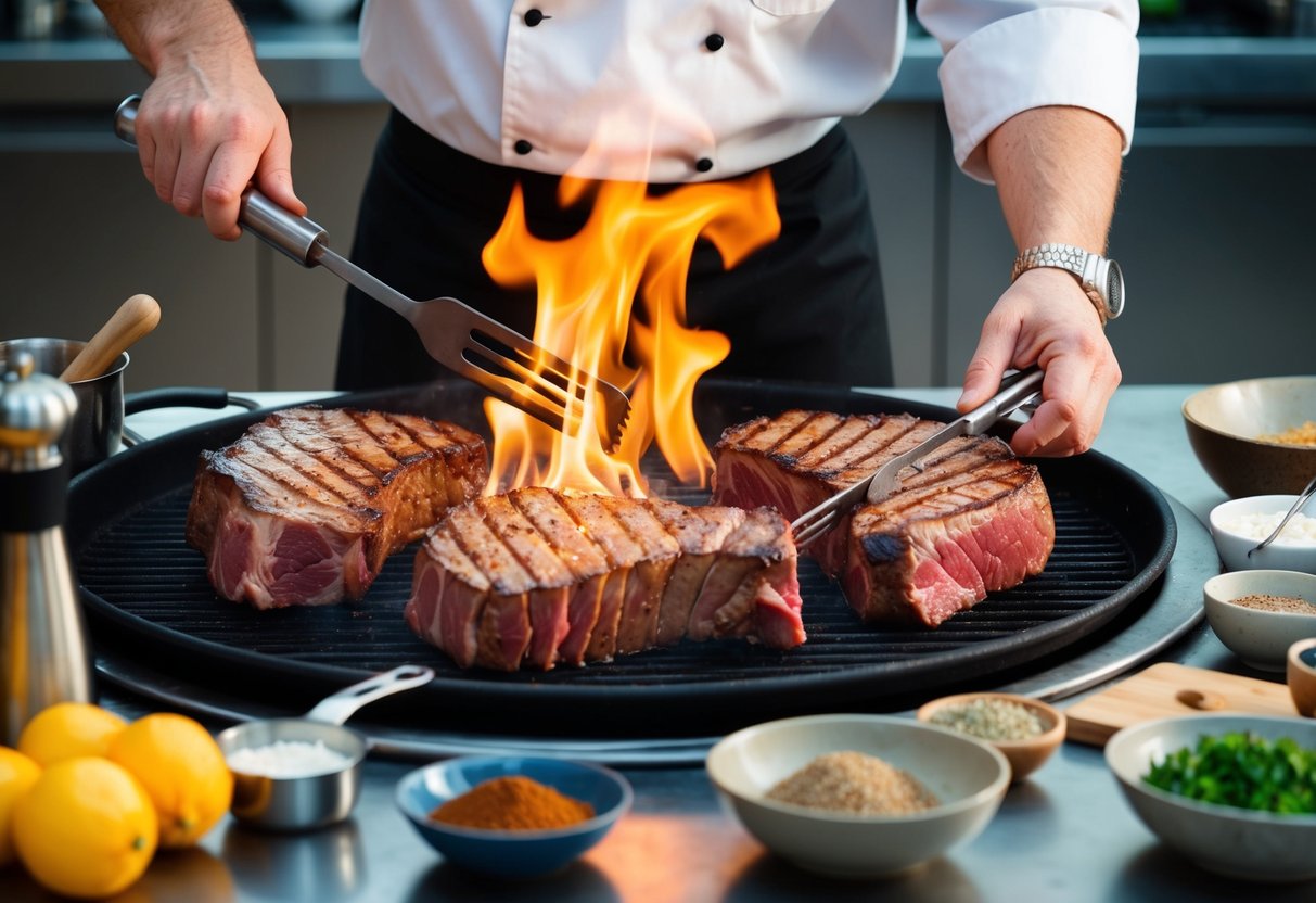 A chef grilling large cuts of beef over a hot flame, surrounded by various cooking utensils and spices