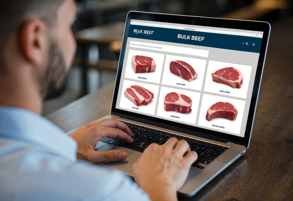 A person browsing a website on a laptop, selecting options to purchase bulk beef online. Various cuts of meat displayed on the screen