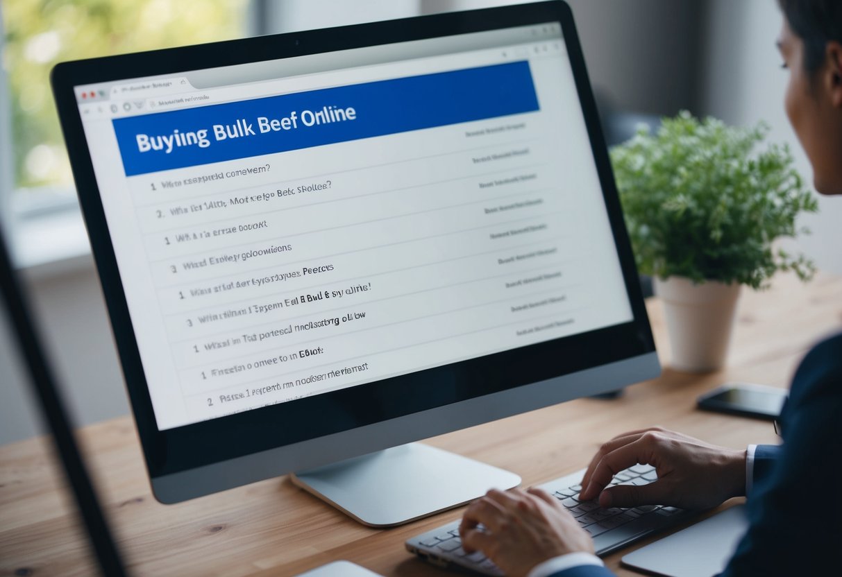 A computer screen displaying a webpage with a list of frequently asked questions about buying bulk beef online