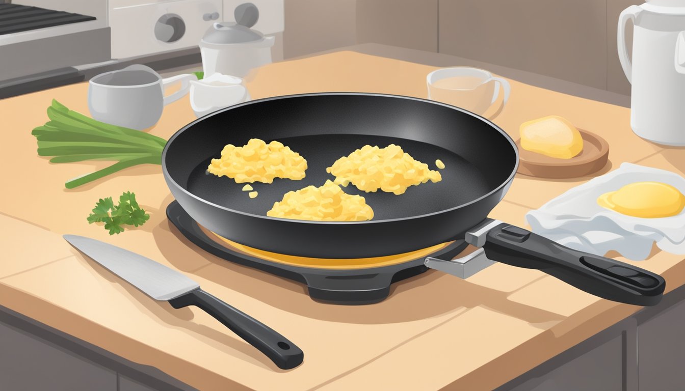 A plate of fluffy scrambled eggs being gently reheated in a non-stick skillet over low heat, with a spatula nearby for flipping