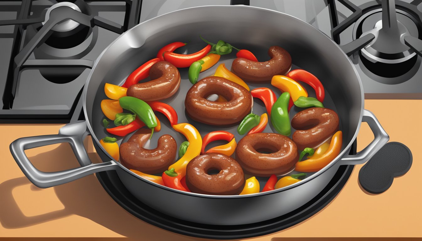 A skillet with sizzling sausage and peppers being reheated over a stovetop