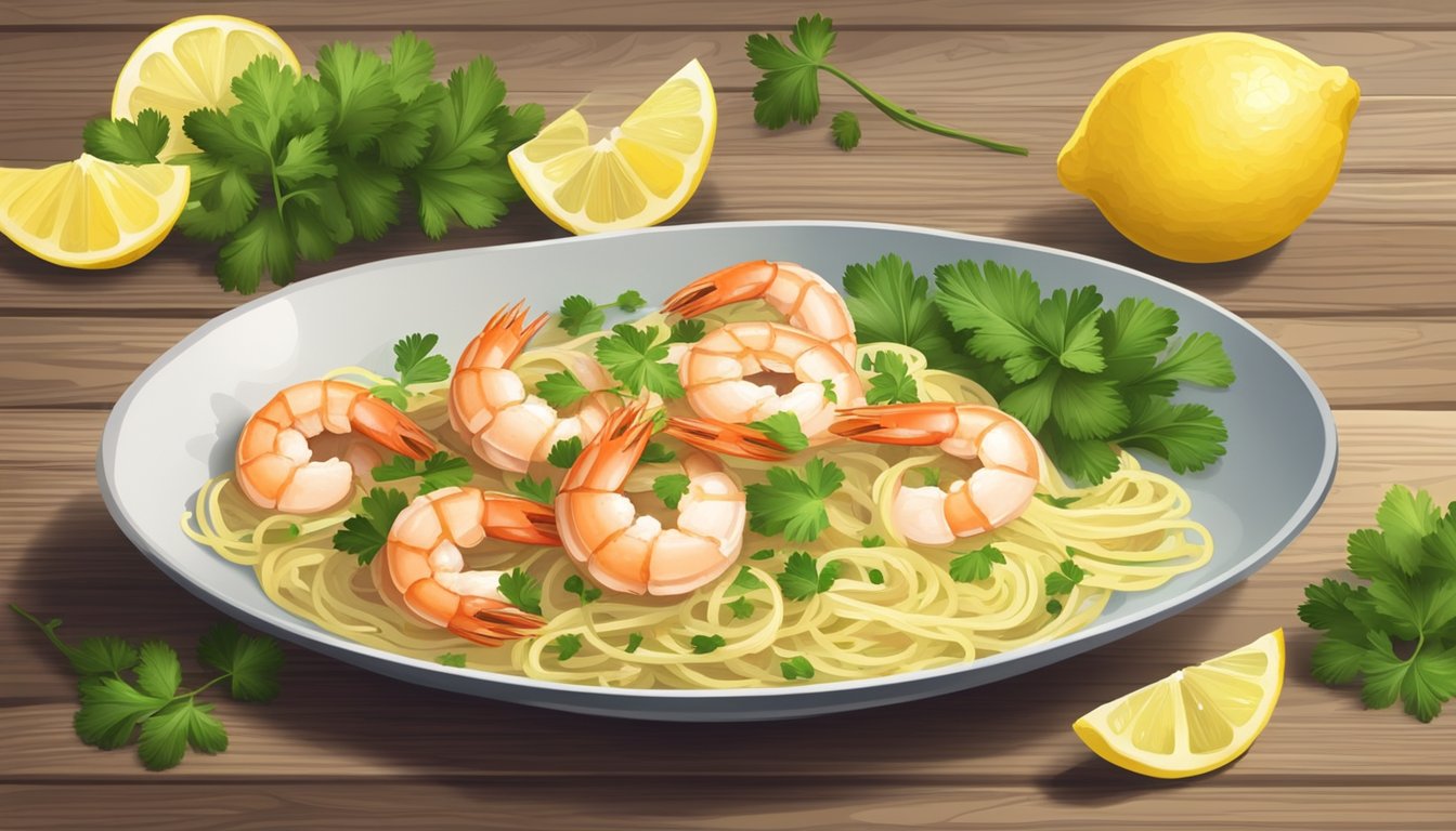 A steaming plate of shrimp scampi sits on a rustic wooden table, garnished with fresh parsley and a squeeze of lemon