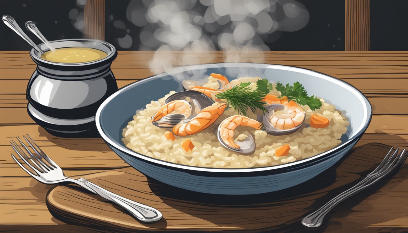 A steaming bowl of reheated seafood risotto being gently stirred with a fork on a rustic wooden table