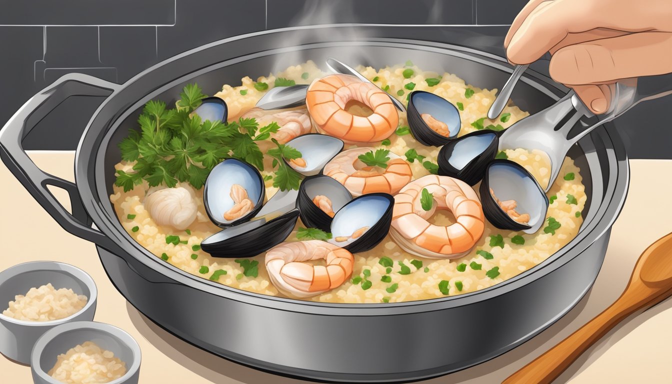 A steaming bowl of seafood risotto being gently reheated in a skillet over a low flame, with the aroma of fresh herbs and seafood filling the air