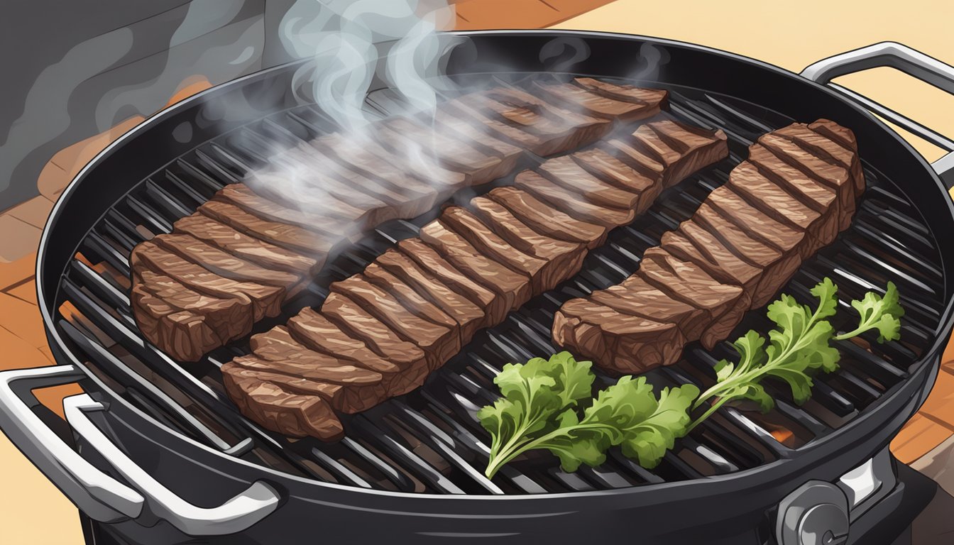 Skirt steak sizzling on a hot grill, smoke rising as it cooks to perfection