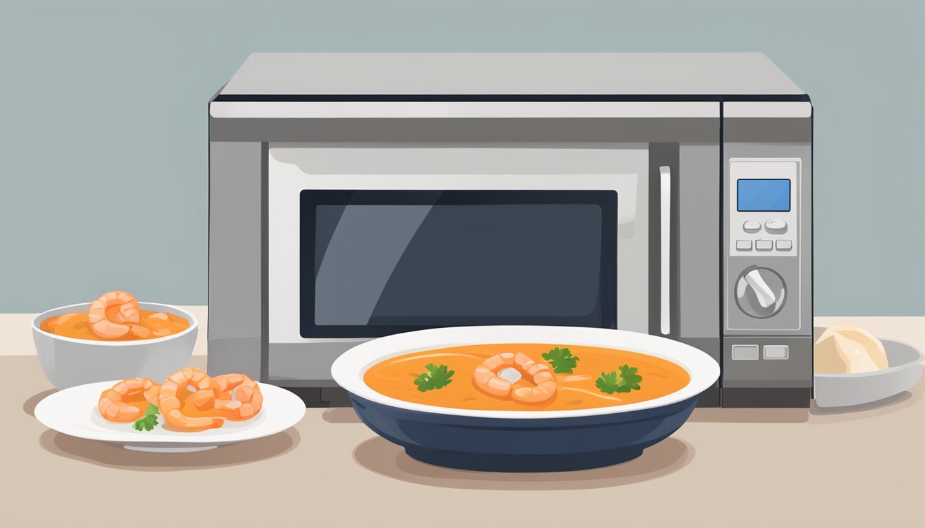 A bowl of shrimp bisque being heated in a microwave