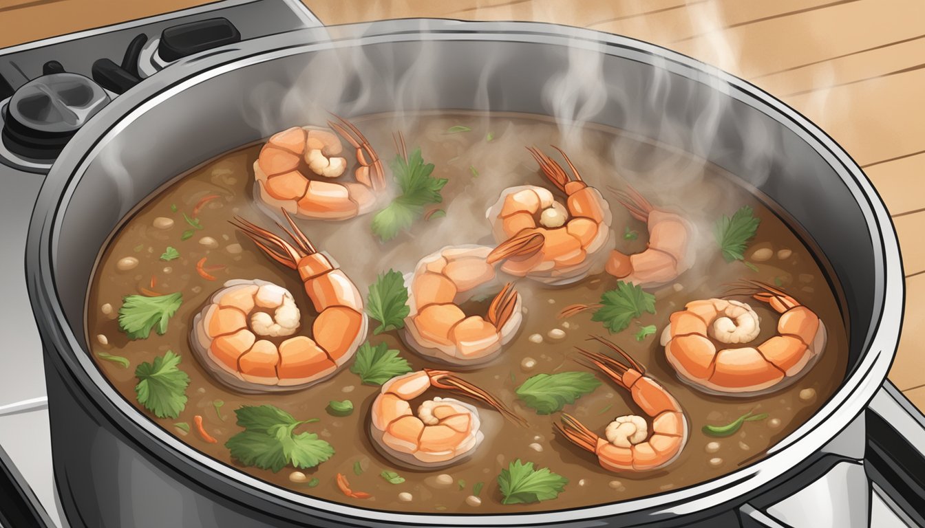 A pot of shrimp gumbo bubbling on a stovetop, steam rising and aromatic spices filling the air