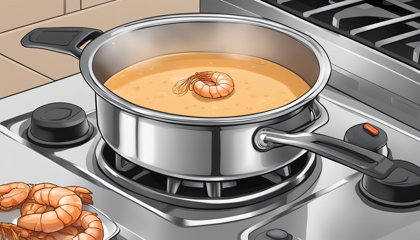 A pot of shrimp bisque being gently heated on a stovetop, steam rising from the creamy soup as it simmers