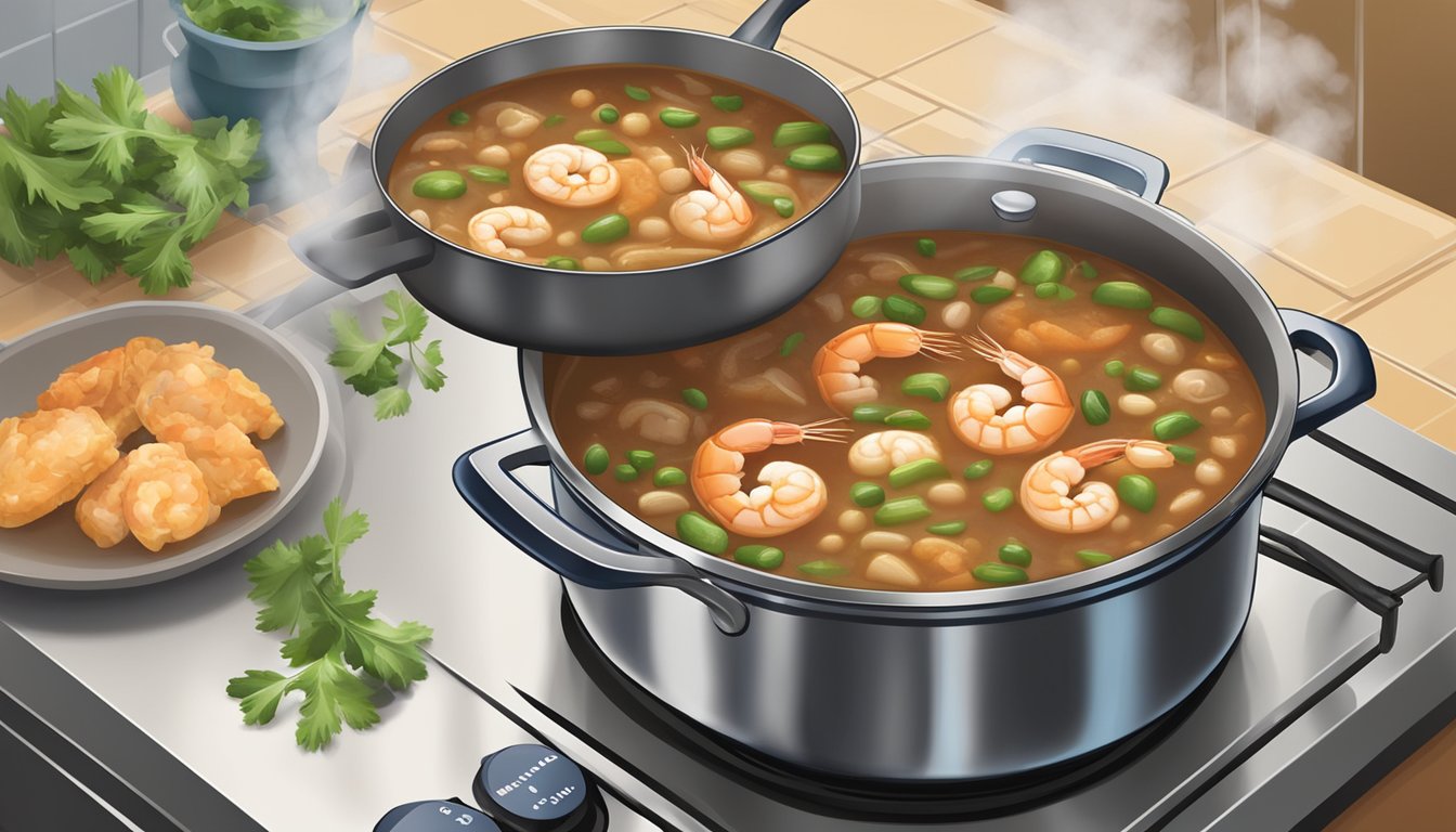 A pot of shrimp gumbo is being gently reheated on a stovetop, with steam rising from the rich, flavorful broth