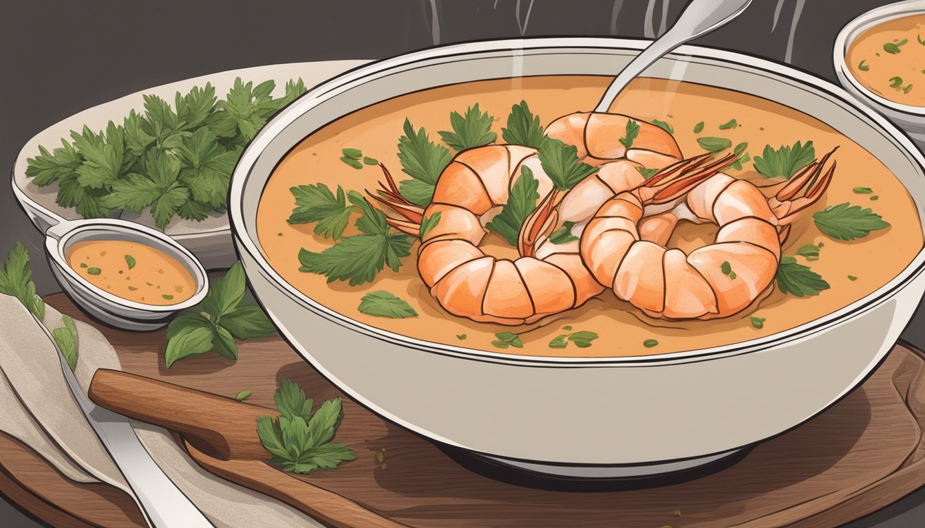 A steaming bowl of shrimp bisque sits on a stovetop, surrounded by aromatic herbs and spices. A spoon hovers over the bowl, ready to be lifted and savored