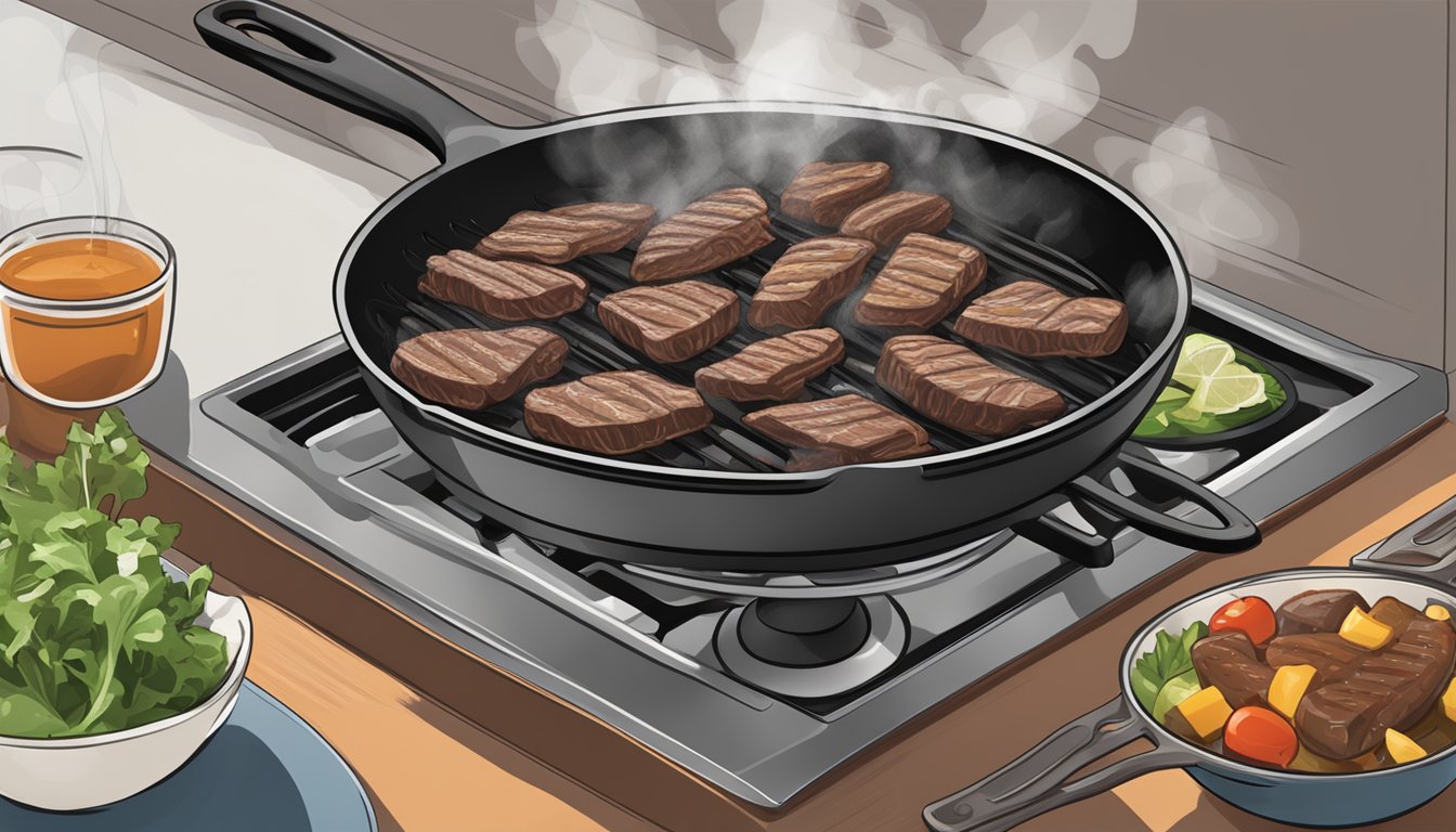 Skirt steak sizzling in a hot skillet, steam rising, with a spatula nearby for flipping