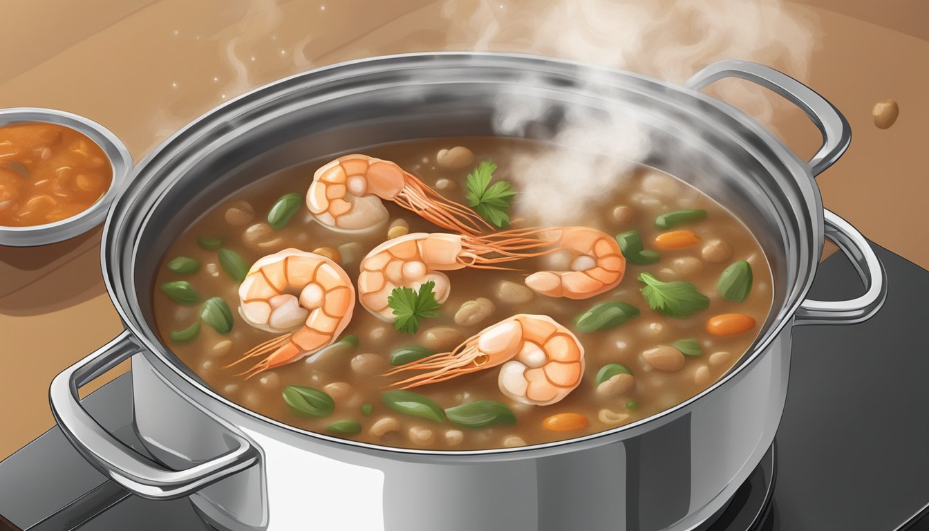 A pot of shrimp gumbo being gently reheated on a stovetop, with steam rising and the aroma of spices filling the air