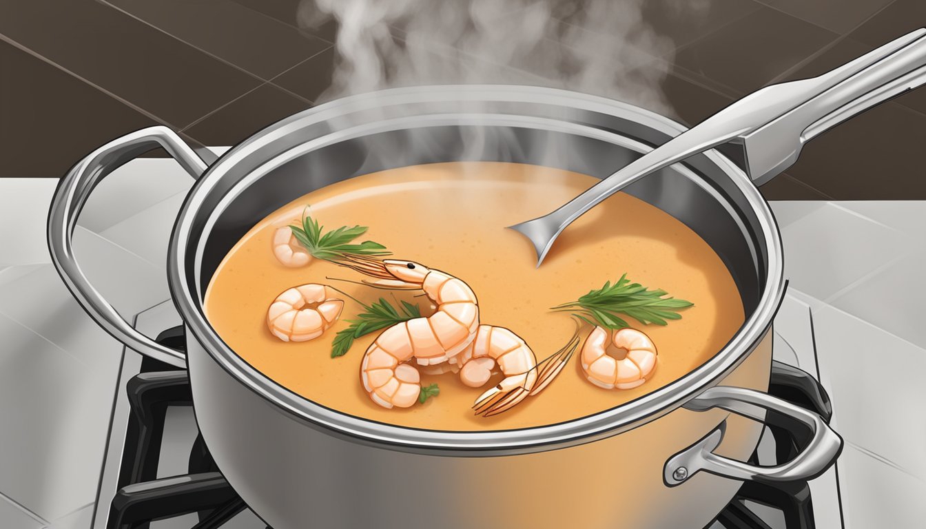 A pot of shrimp bisque being gently reheated on a stovetop, with steam rising and a ladle resting on the edge