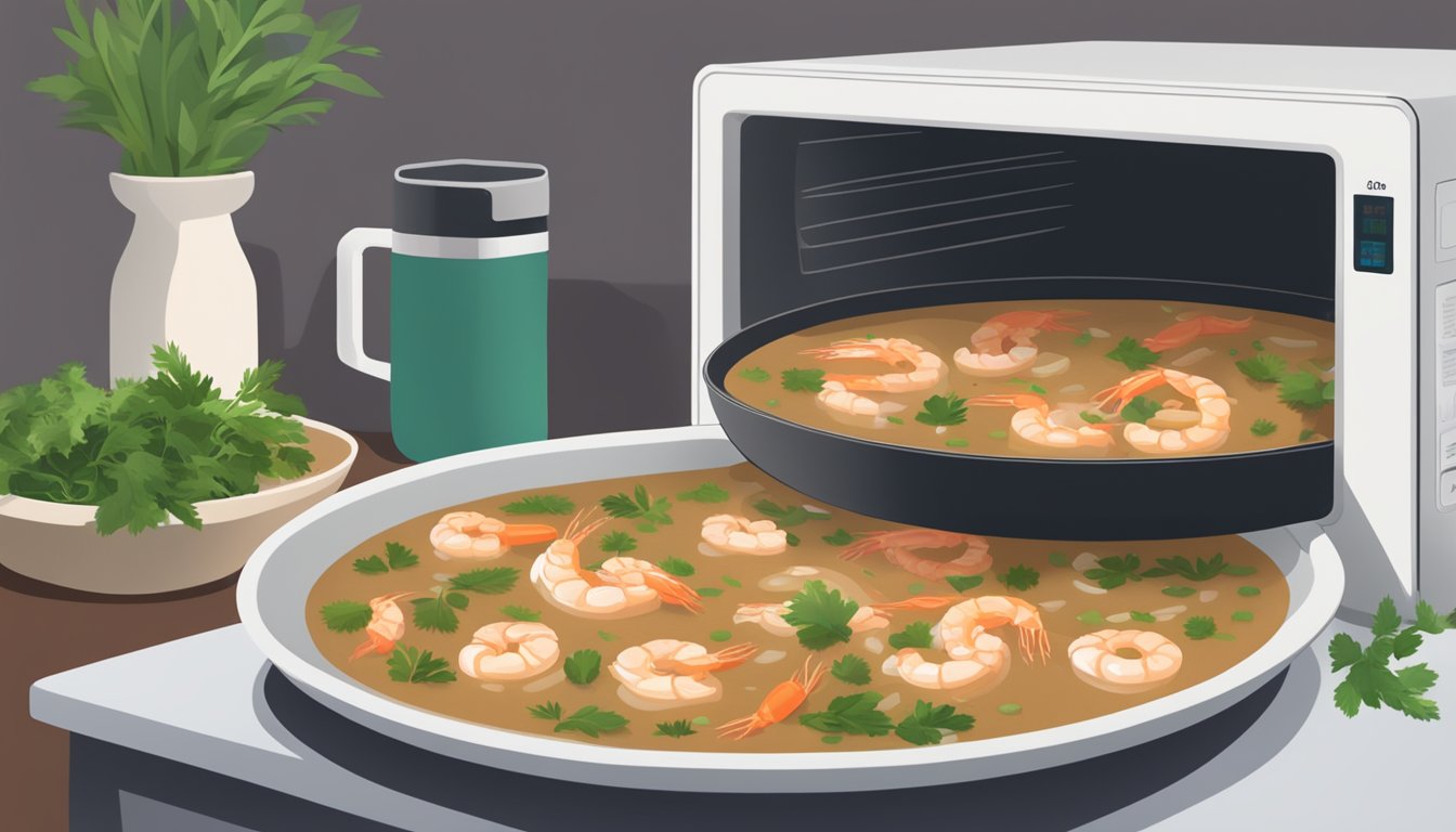 A steaming bowl of shrimp gumbo being reheated in a microwave, with a sprinkle of fresh herbs on top