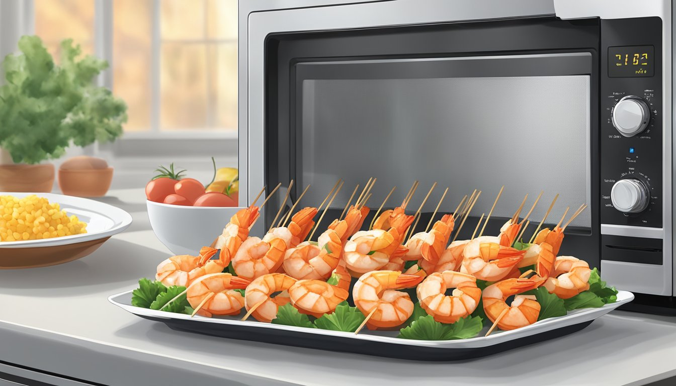 A plate of shrimp kabobs arranged on a microwave-safe dish with a cover, next to a microwave oven