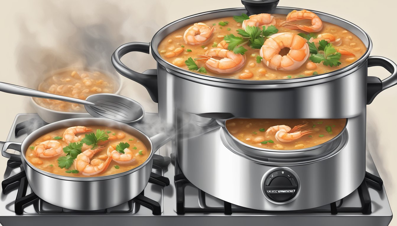 A steaming pot of Shrimp Étouffée sits on a stovetop, with a spoon resting on the side. Steam rises from the dish, filling the kitchen with the savory aroma of the Cajun classic