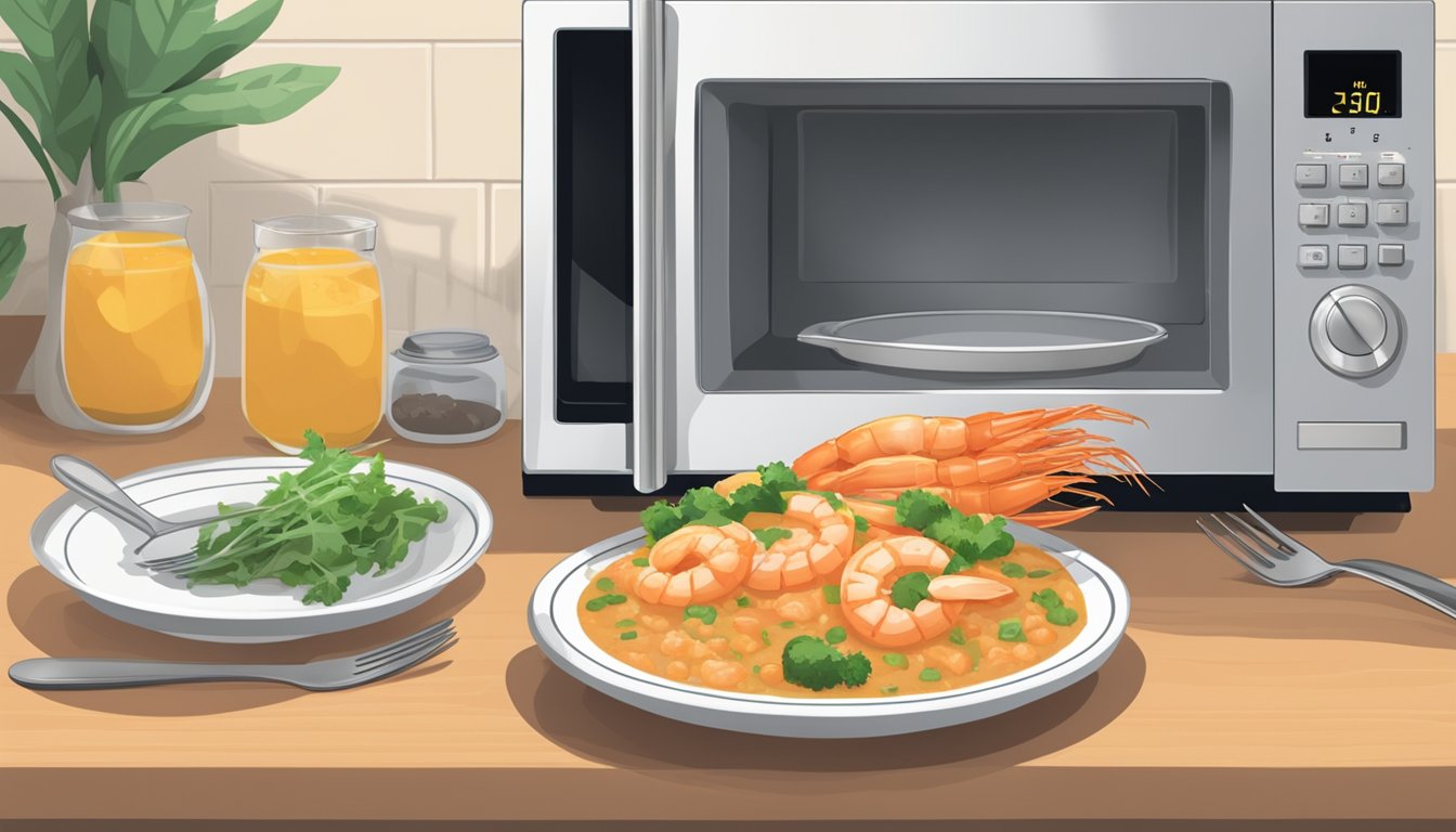 A microwave with a plate of shrimp étouffée inside, a fork next to it, and a timer set for reheating