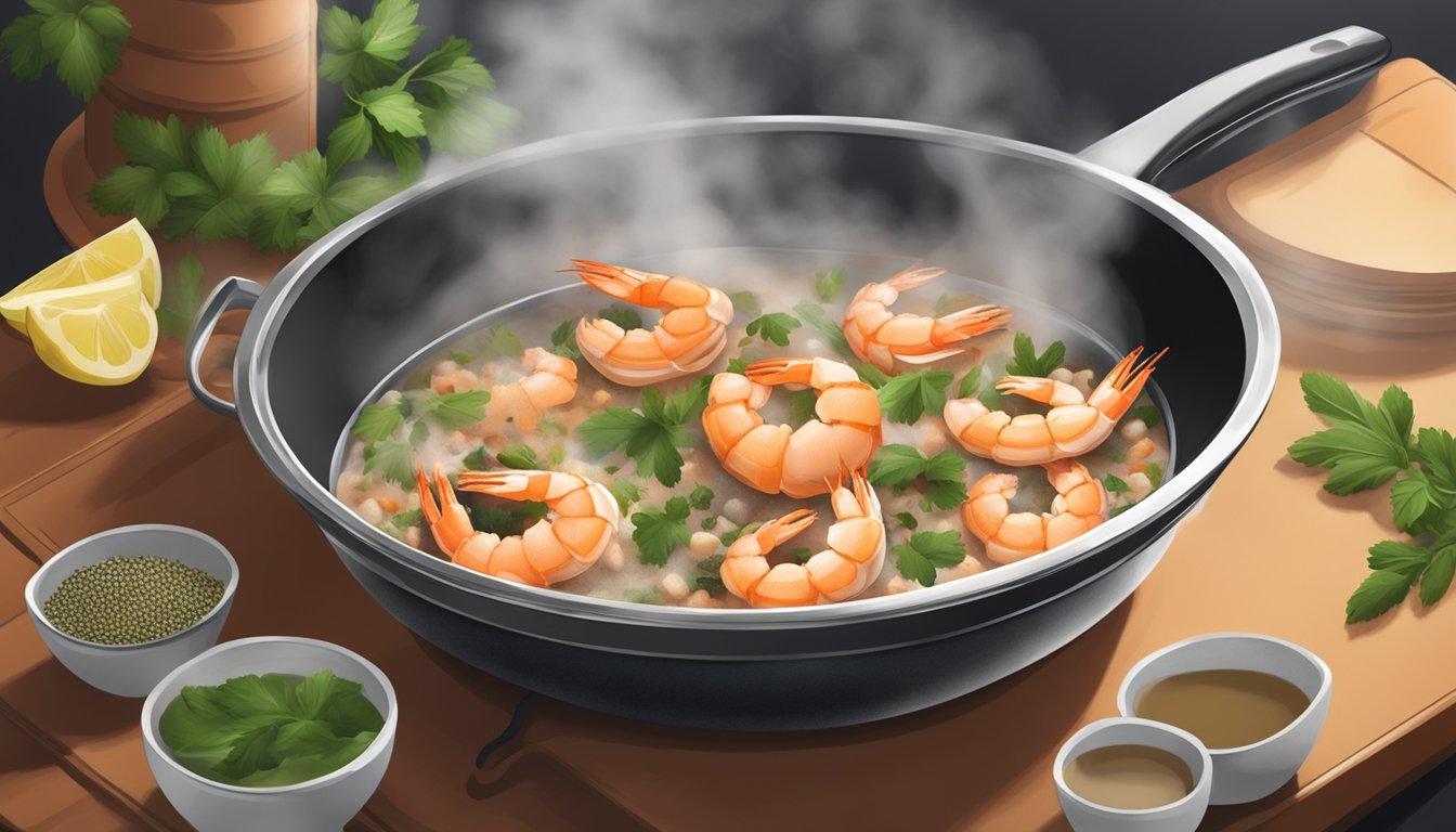 A steaming bowl of shrimp touffe being gently reheated on a stovetop, surrounded by aromatic spices and herbs