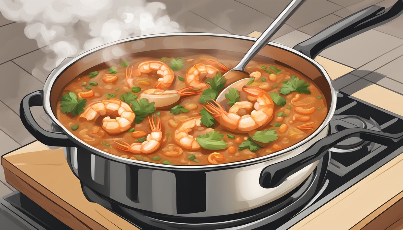 A steaming pot of shrimp étouffée on a stovetop, with a wooden spoon stirring the rich, spicy sauce