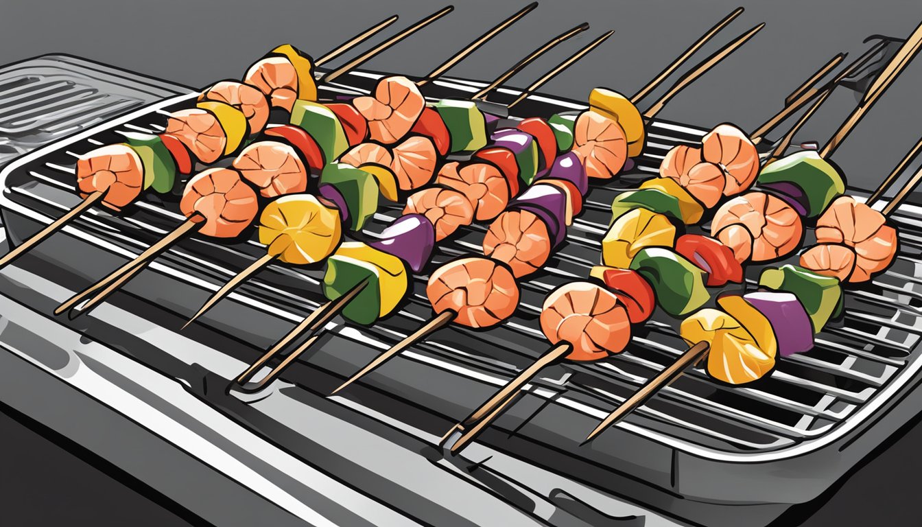 A plate of shrimp kabobs being reheated on a grill