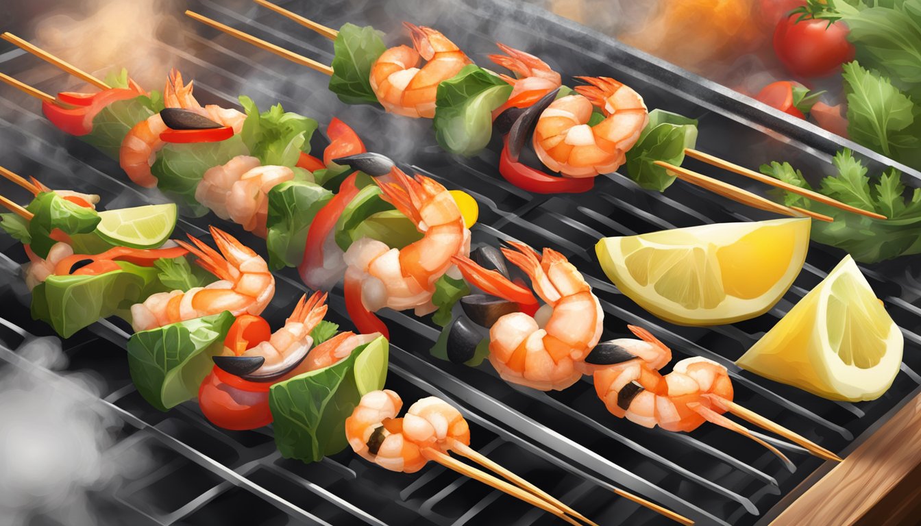 Shrimp kabobs sizzling on a hot grill, steam rising, with vibrant vegetables and succulent seafood