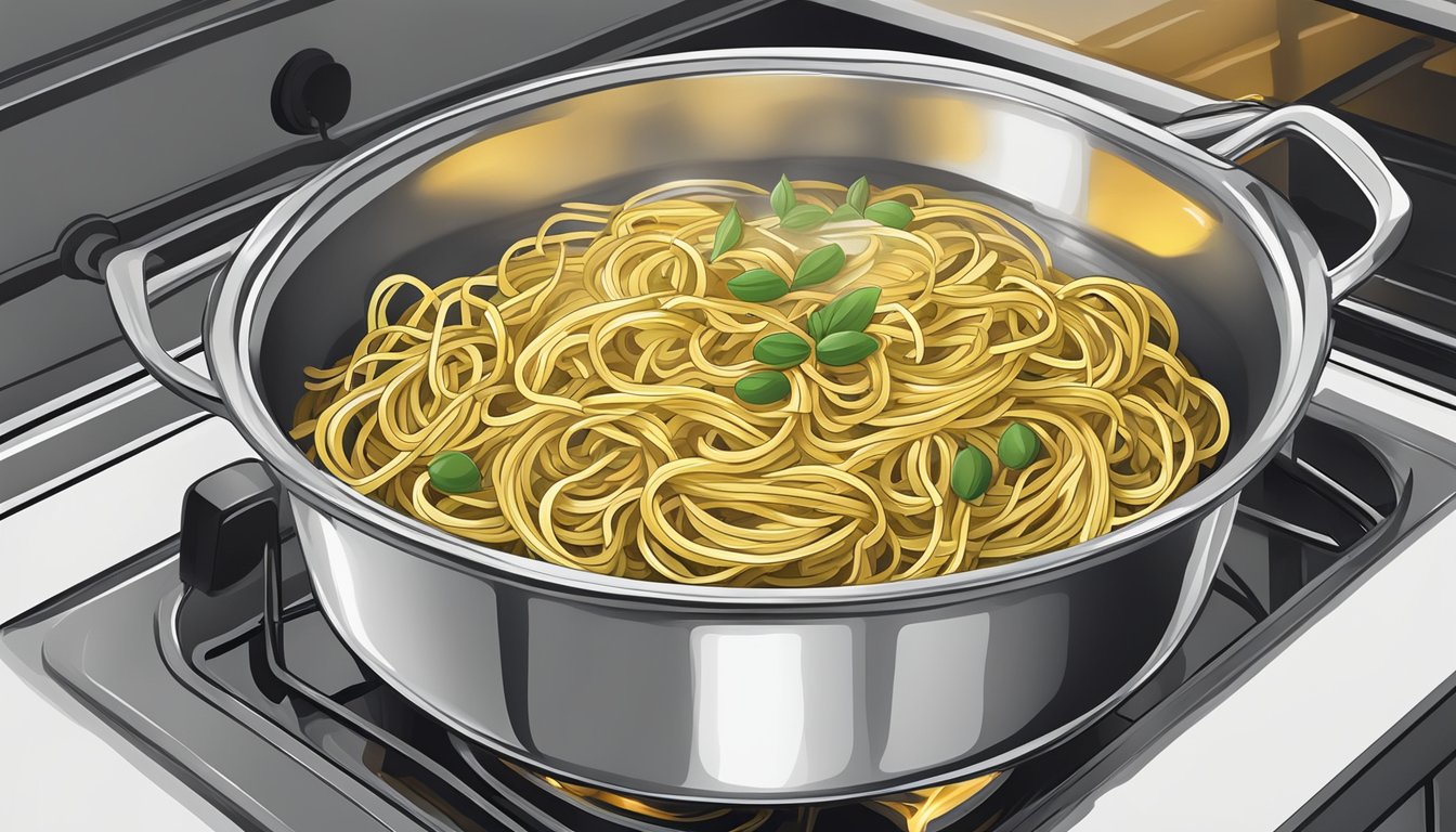 A pot of spaghetti with olive oil and garlic being reheated in the oven