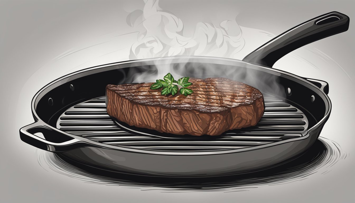 A steak being placed on a hot skillet, sizzling as it reheats