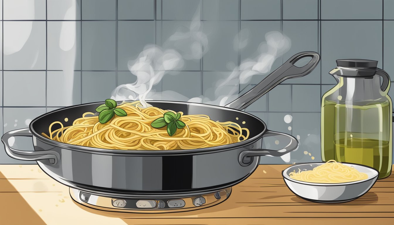 A steaming bowl of spaghetti sits on a stovetop, drizzled with olive oil and sprinkled with minced garlic, while a pot of water simmers nearby