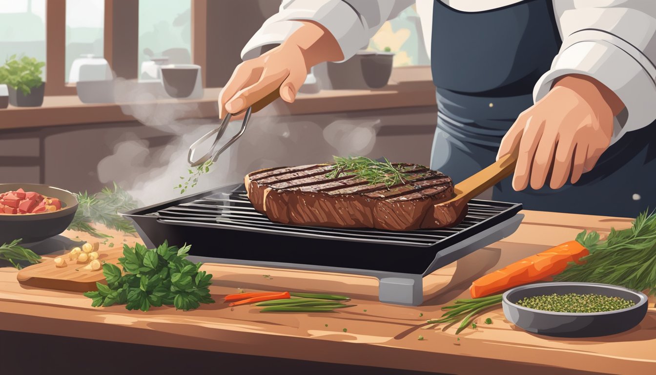 A steak sizzling on a hot grill, surrounded by aromatic herbs and seasonings being sprinkled on top. A chef's hand holds a pair of tongs, flipping the steak to ensure even heating