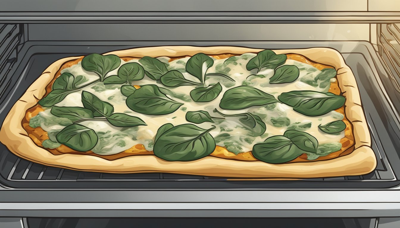 A slice of spinach and artichoke pizza being placed on a baking sheet inside a preheated oven