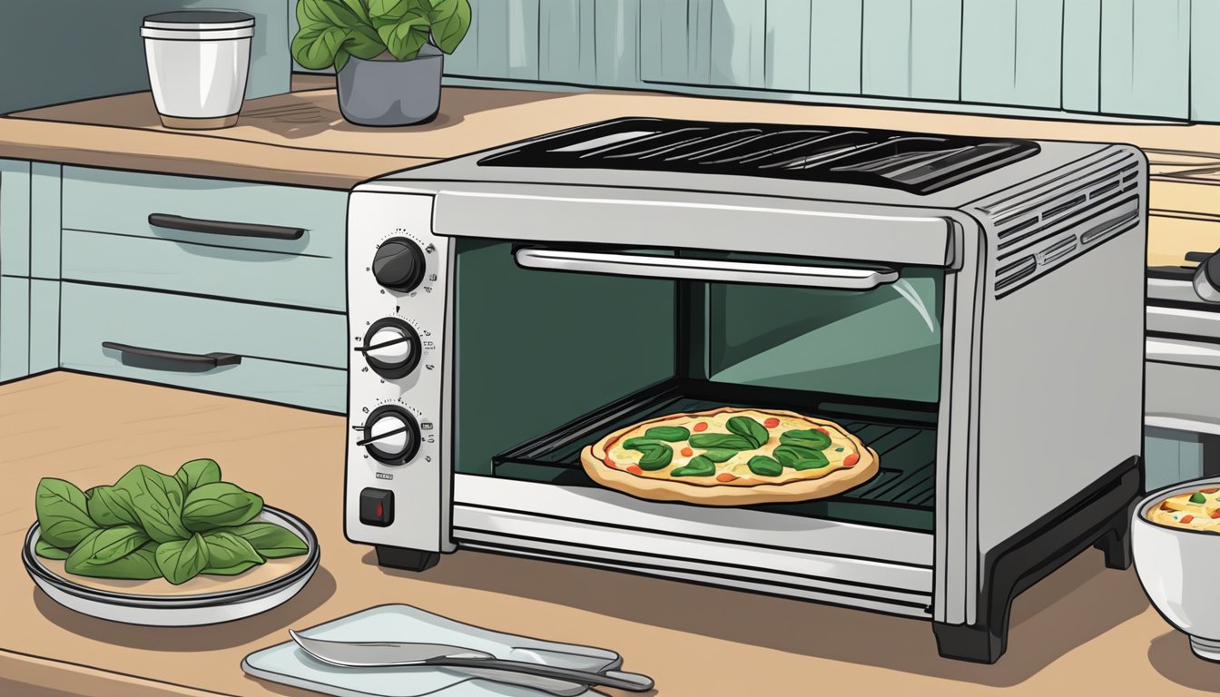 A toaster oven with a slice of spinach and artichoke pizza on a baking sheet, set to a moderate temperature