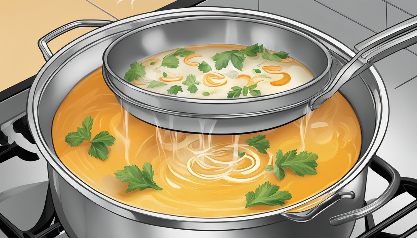 A pot of soup sits on a stovetop, steam rising as it simmers evenly. A ladle hovers above, ready to serve