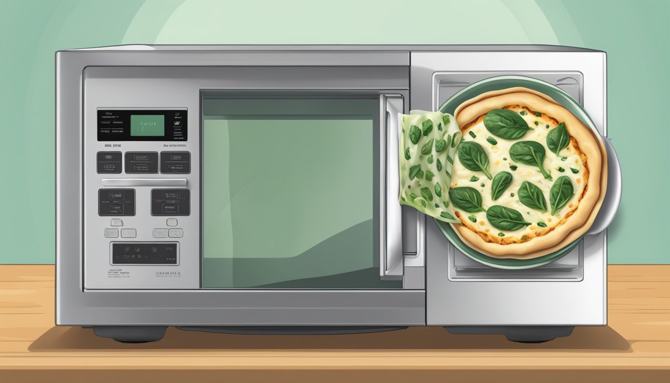 A slice of spinach and artichoke pizza rotating on a microwave-safe plate inside a microwave