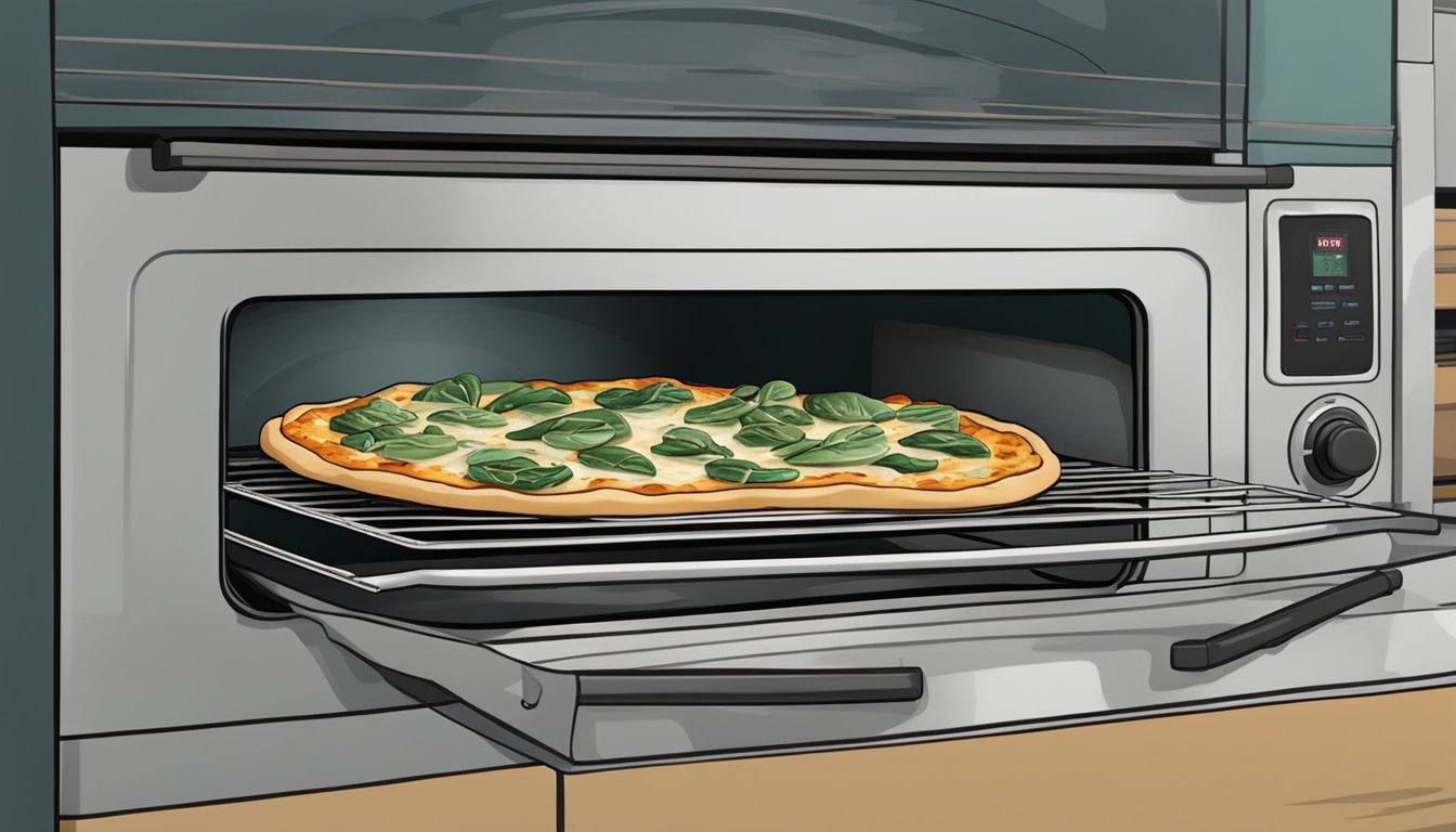 A slice of spinach and artichoke pizza being reheated in the oven