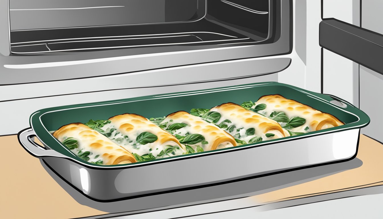 A baking dish of spinach and ricotta cannelloni being placed in the oven