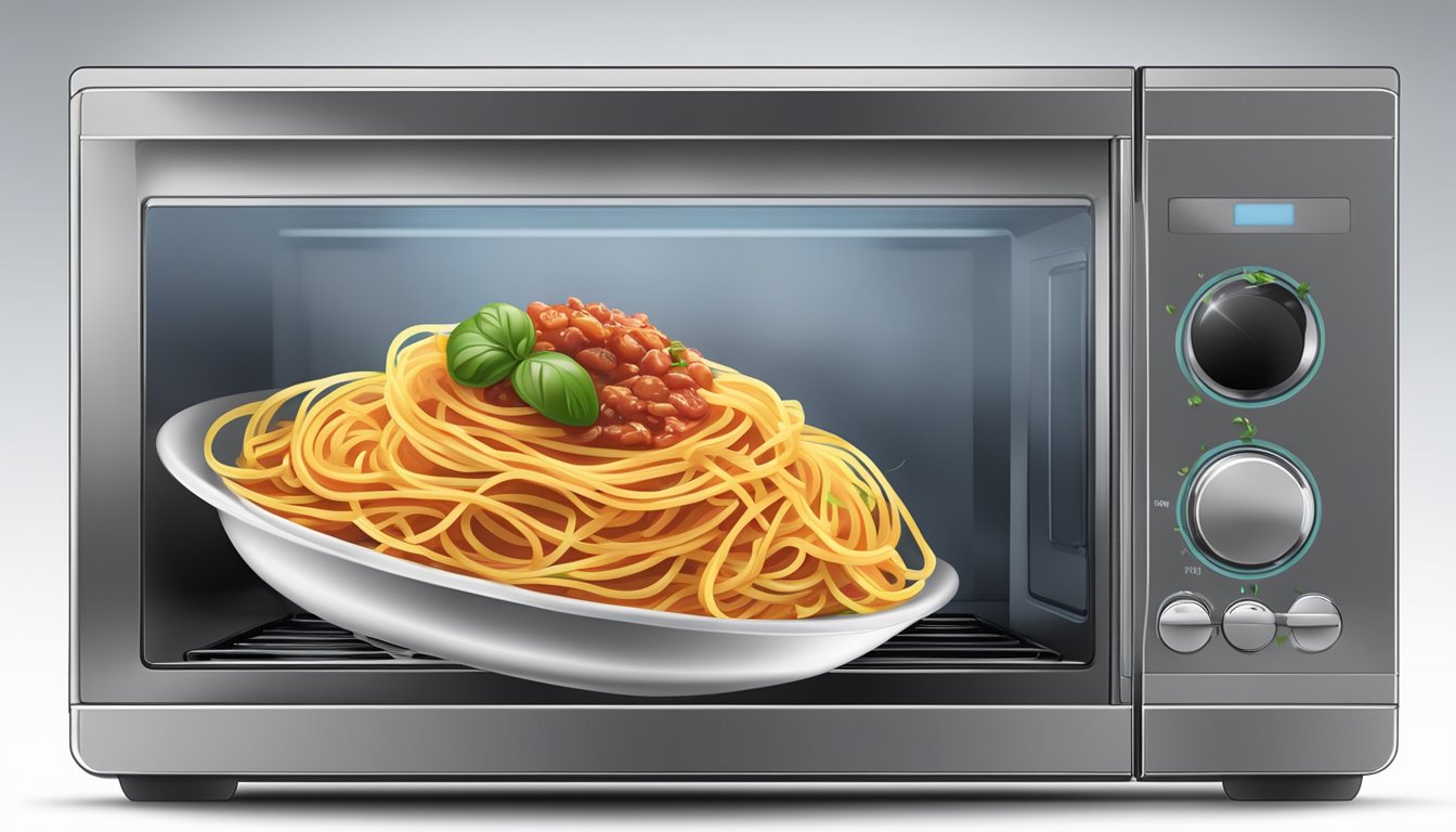 A steaming plate of spaghetti with puttanesca sauce being reheated in a microwave