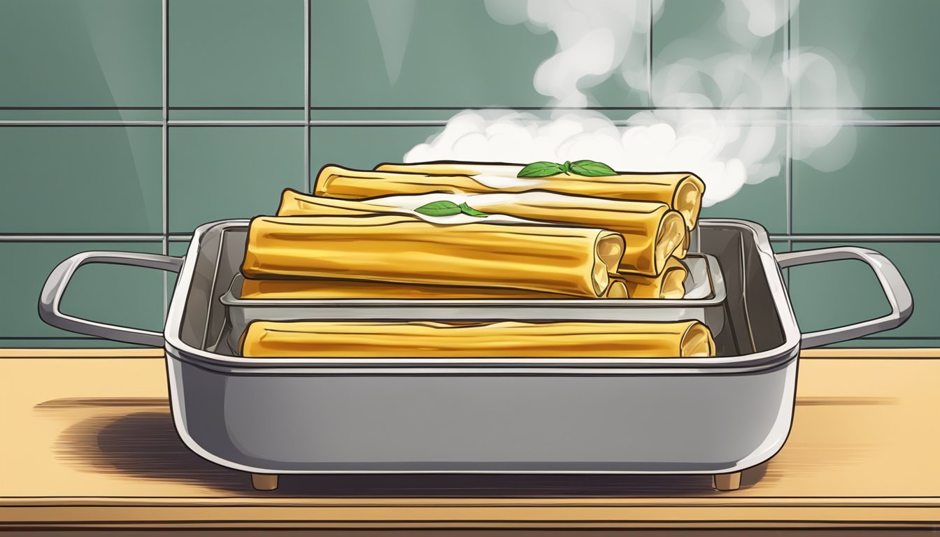 A steaming plate of cannelloni sits in the oven, surrounded by rising heat